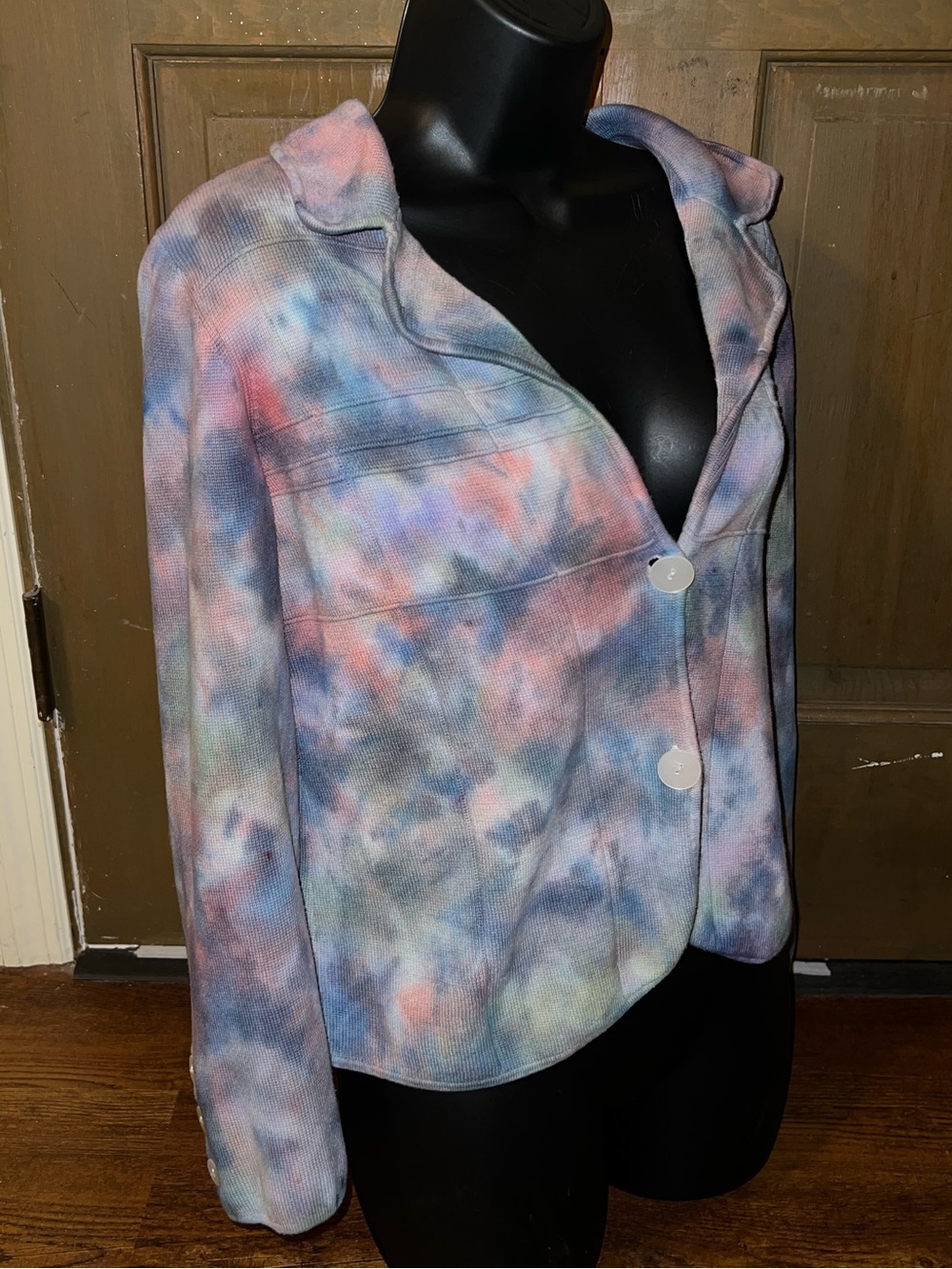 Artisan Tie Dye Ribbed Knit Cardigan Jacket Button Up Navy Hippie Boho Size M - Picture 7 of 12